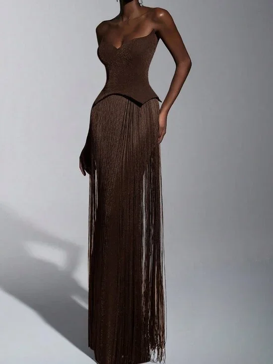 Brown Elegant Women's Glitter Knit Off-Shoulder Tassel Bodycon Dress - Picture 5 of 7